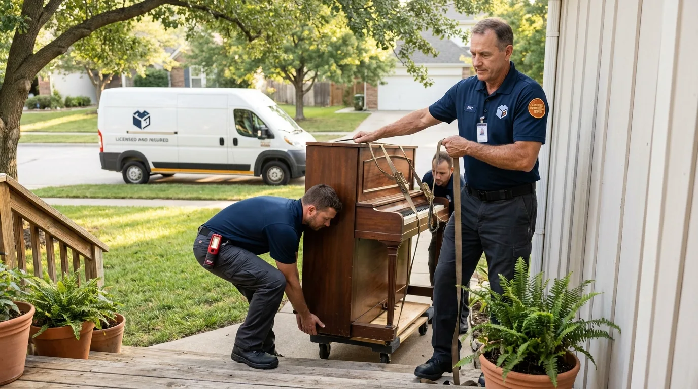 Licensed piano movers securing grand piano in Volga, SD